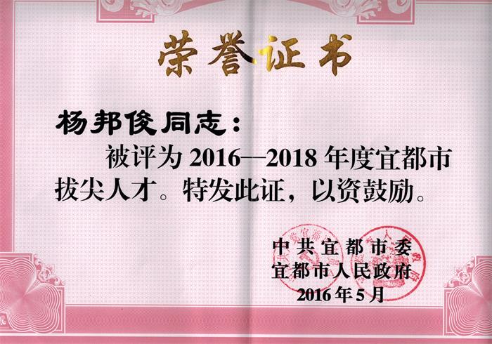 工作室主持人杨邦俊老师被评为宜都市2016-2018年拔尖人才